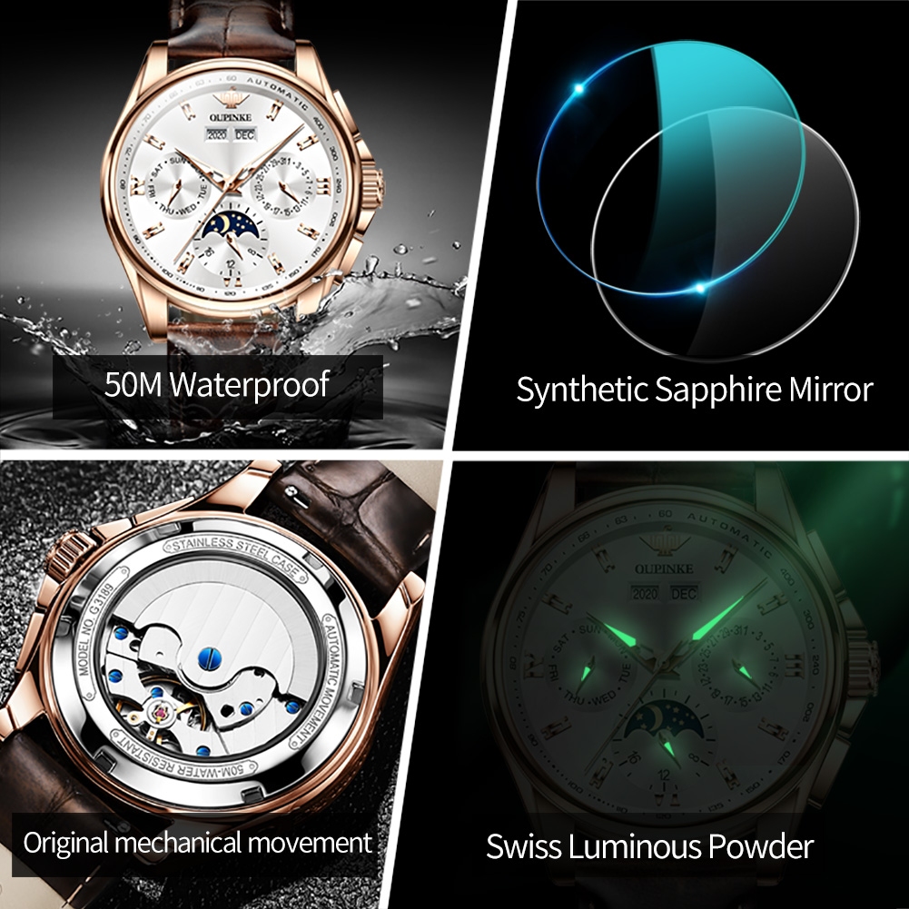 OUPINKE 3189 reloj mecánico co - Moonphase Complication Watch reseña y precio